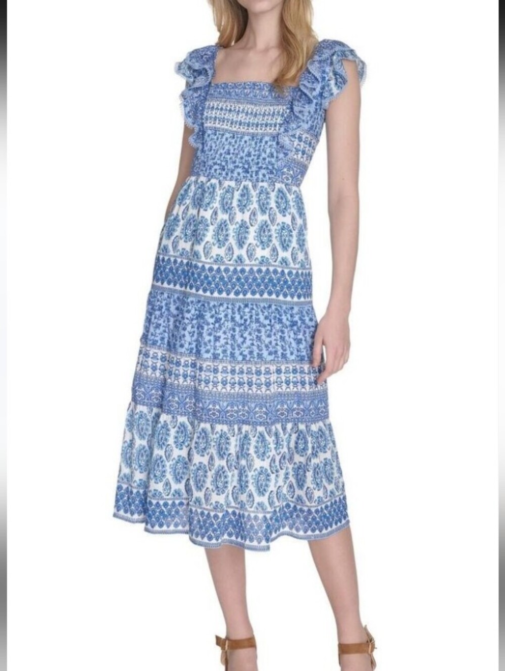 Eliza J Blue Ruffle Sleeve Midi Dress